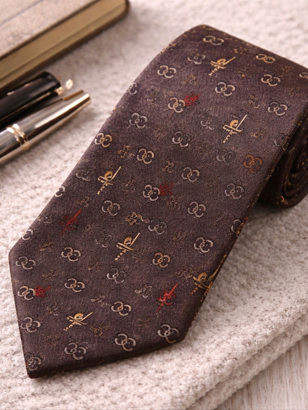 CHANEL Silk Tie CC Logo Monogram Brown Gold Multicolor Made in France Designer